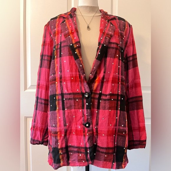 Criscione Vintage Pink Plaid Flannel Crystal Blazer Women’s Medium - Picture 2 of 10